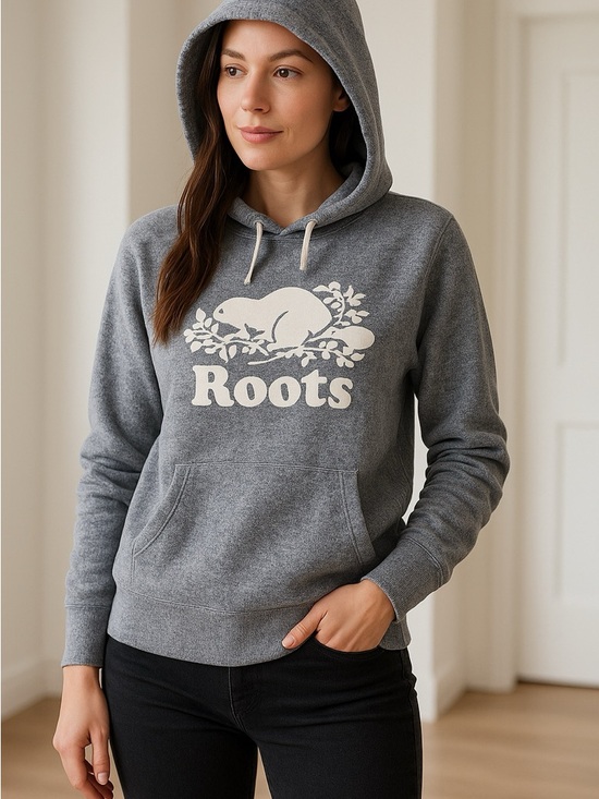 Roots Sweaters - Roots Women's Grey Hoodie with Cream Logo